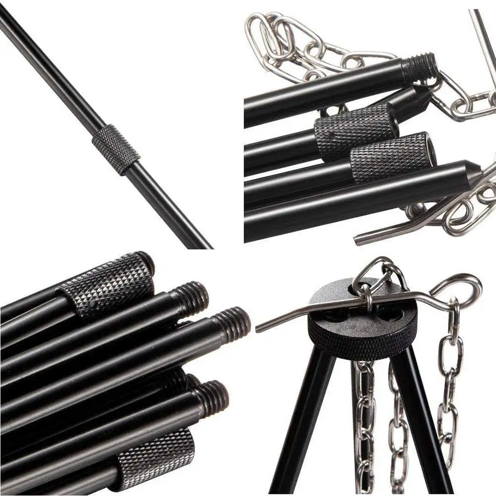 Outdoor Camping Portable Powder Coated Iron Campfire Bbq Fire Tripod Stand Pot Holder Foldable Tripod Bbq Grill Tool Set