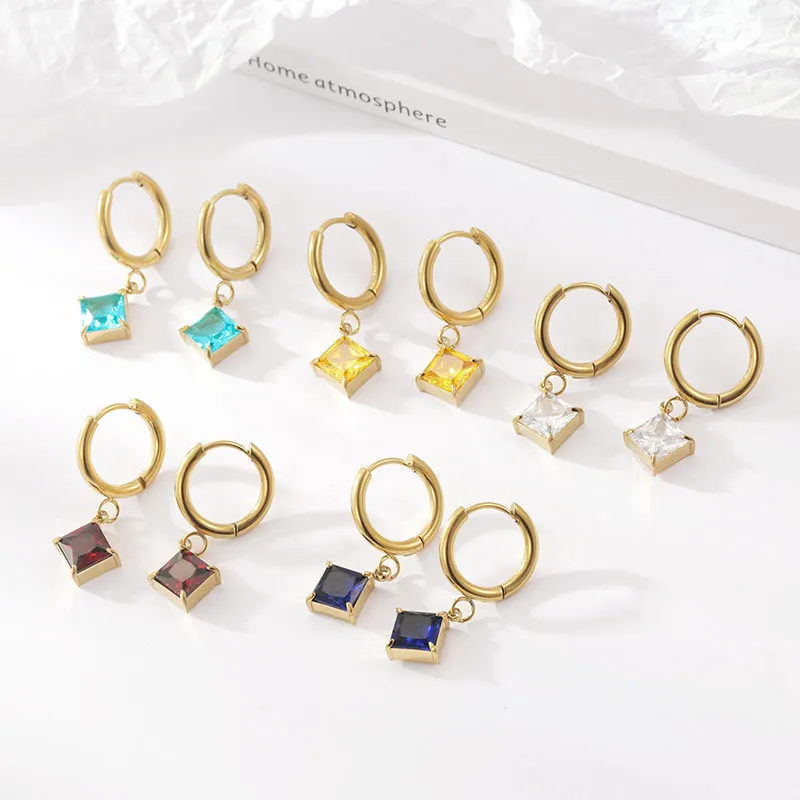 waterproof Stainless steel square gem pendant earrings High Street hoop earrings charming simple jewelry