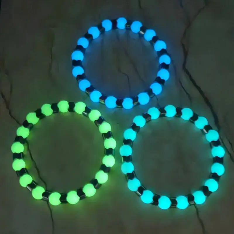 Unisex Glow in the Dark 8mm Luminous Beads with Ripple Hematite Beaded Bracelet for Women Men