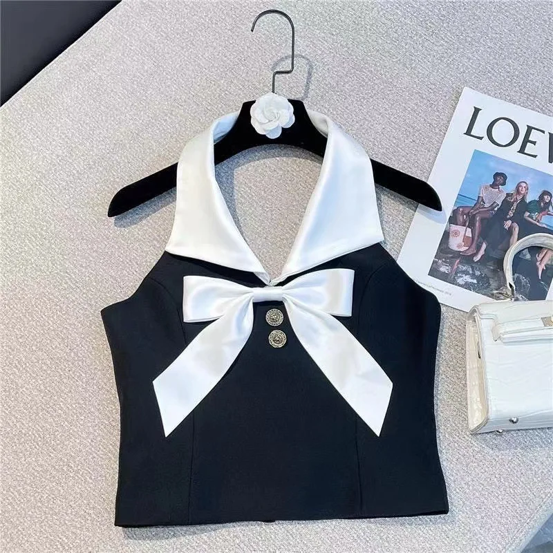 2025 New Teenager Girl Summer Girl White Black Halter Sleeveless Shirt 3-15 Years