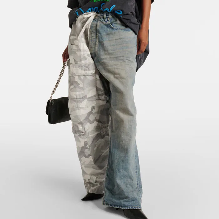 Custom Fashion Cotton ripstop and retro wash denim cargo pants drawstring waist color block camouflage wide leg pants for men