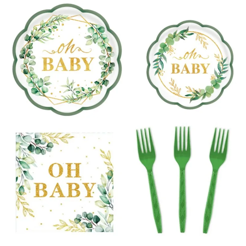 Hot selling 96pcs Baby Shower Tableware Kit Baby Cutlery Set Napkin Cup Paper Plate Sage Green Oh Baby Tableware Kit