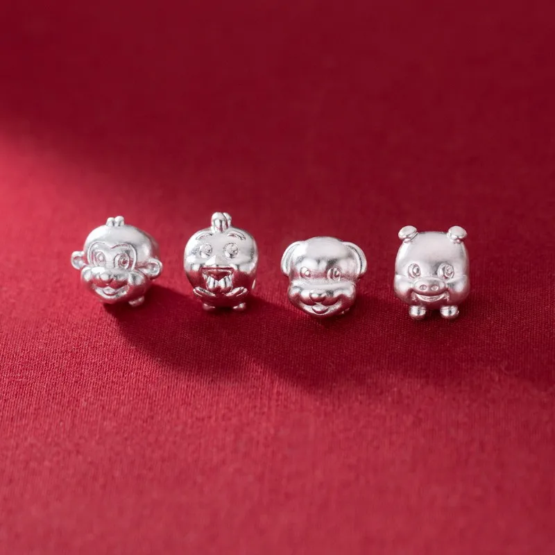 Fashion 999 Pure Silver 12 Chinese Zodiacs Charm DIY Animal Shape Spacer Beads Bracelet Accessories