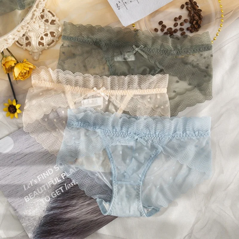 Оптовая продажа, бесшовное женское нижнее белье из вискозной сетчатой пряжи, хлопковые антибактериальные кружевные дышащие трусы со средней посадкой