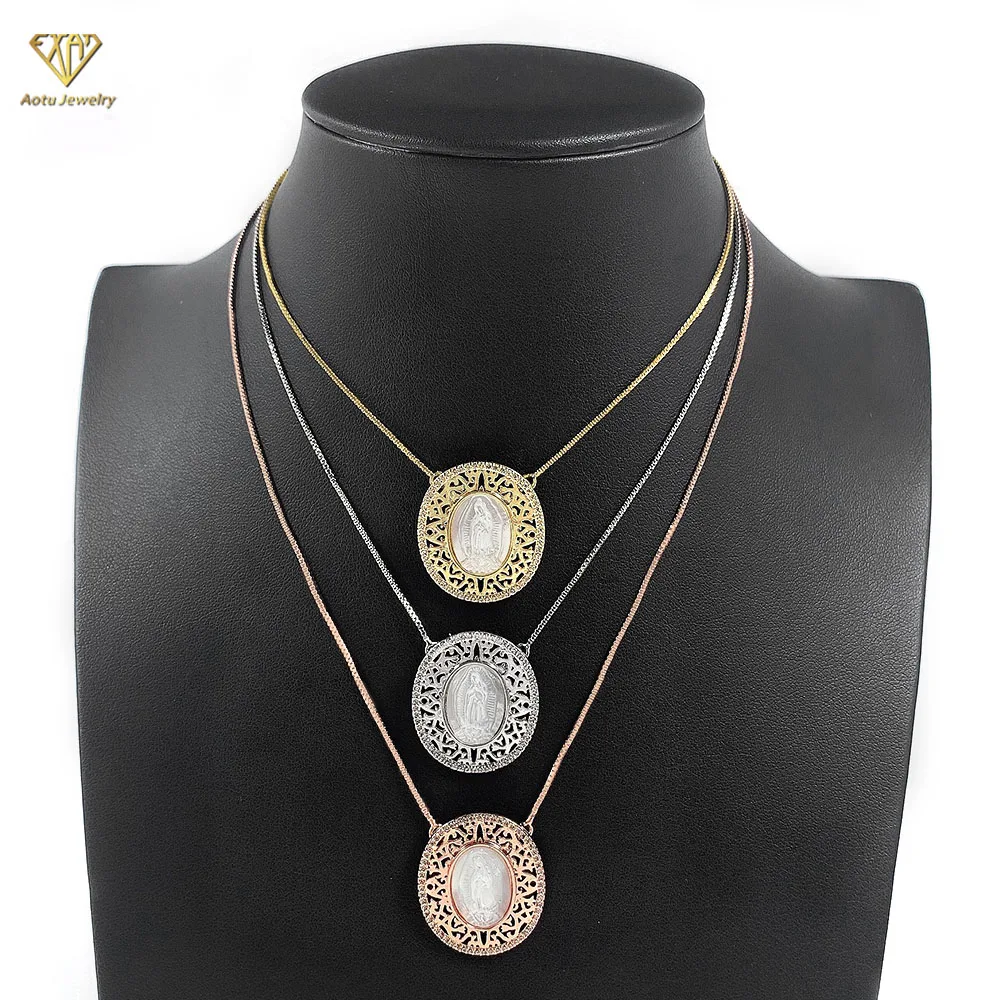 Religious jewelry Oval shape Jesus Mother of God Virgin Mary pendant Necklace
