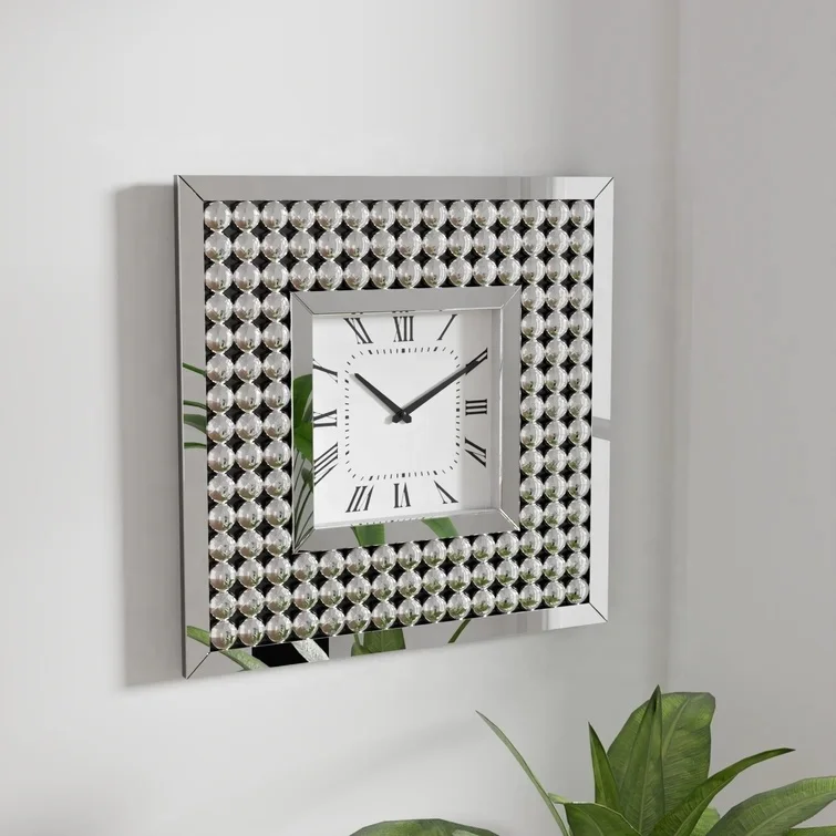 Modern living room home decor mirrored crushed diamond luxury square wall clock