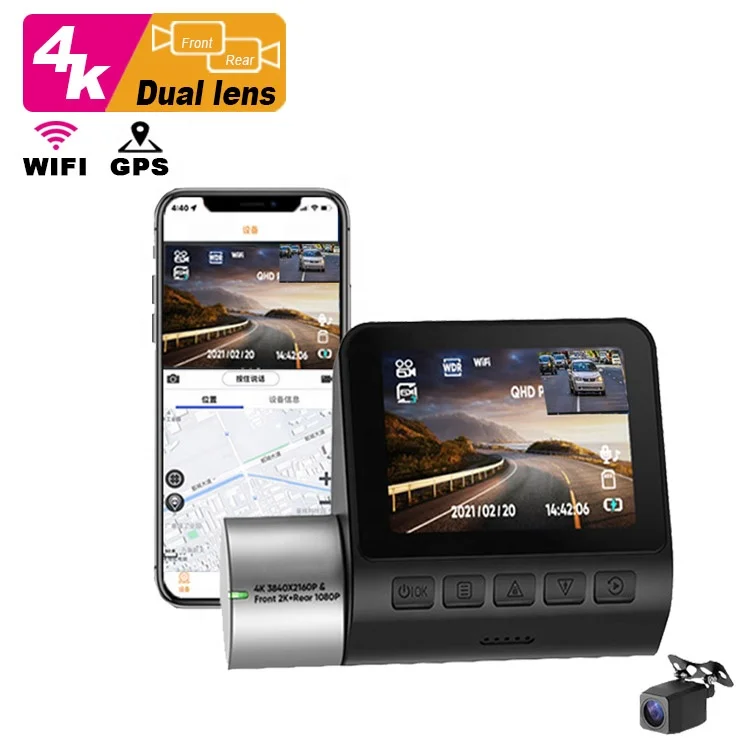 2 inch car dvr dash camera with app 4k dashcam 2 channel Smart front and rear dual dash cam wifi gps car dashcam 4k