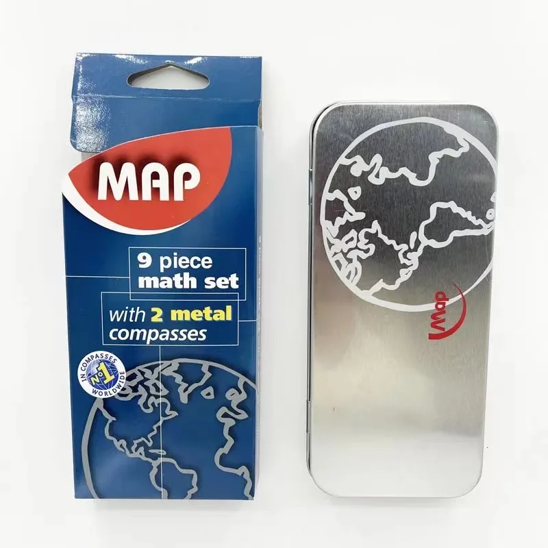 student Stationery Geometry 9 pcs Math set in Metal Box with 2 Study Compasses, pencil, eraser, sharpener, ruler, protector & 2