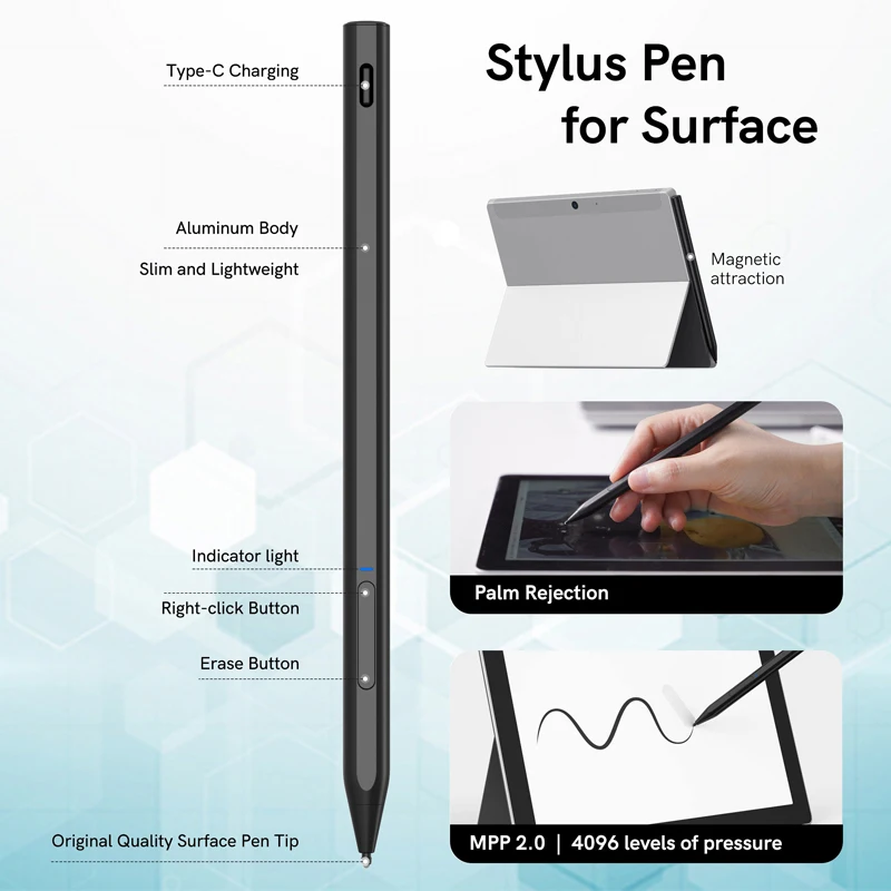 D-shaped body 4096 pressure-sensitive touch pen, compatible with Surface Pro 8 and Pro 7/Laptop Studio, palm rejection stylus
