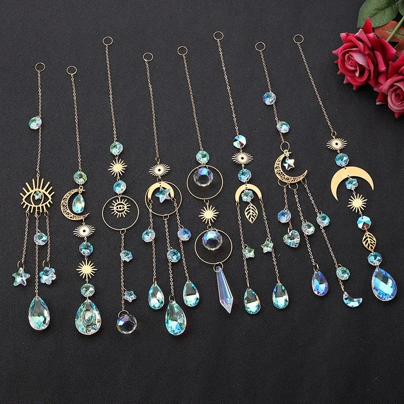 Wholesale Hanging Crystal Moon and Stars Sun Catcher Wind Chimes Gold Brass Glass Suncatchers For Window Decor