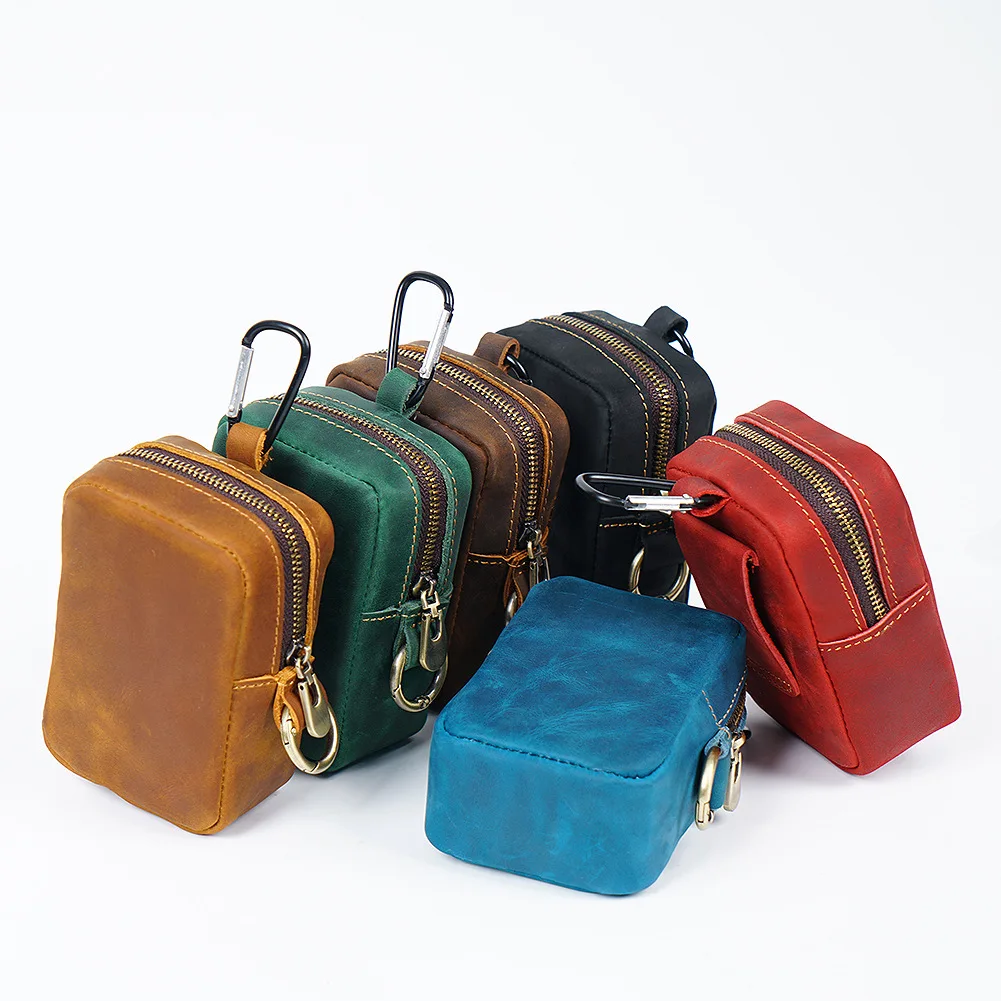 Handmade Leather Belt Wallet Bag Crazy Horse Genuine Leather  Coin Purse Cigarette Holder With With Carabiner Hook