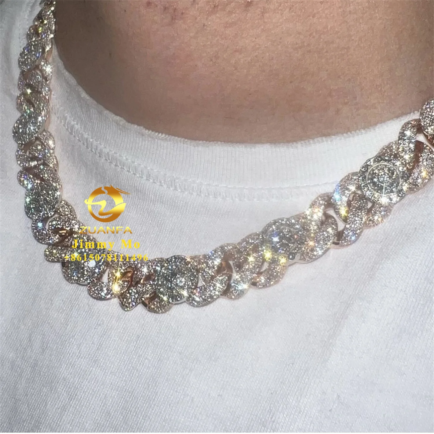 New Style Popular 18mm Width  Iced Out Man Hip Hop Jewelry Pass Diamond Tester VVS1 Moissanite Flower Cluster Cuban Link Chain