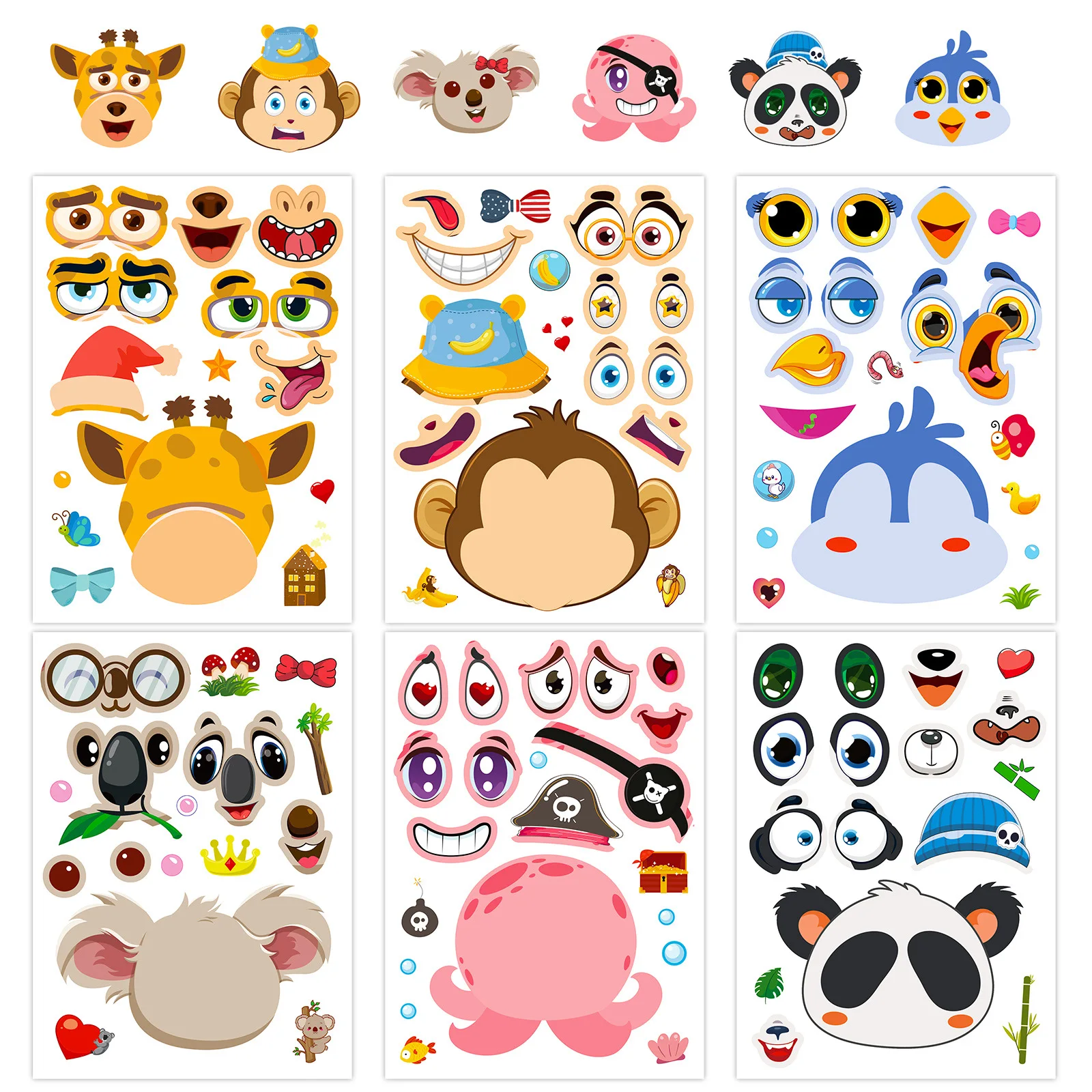 6 sheets/pack small animal stickers for children educational creative puzzle face-changing stickers