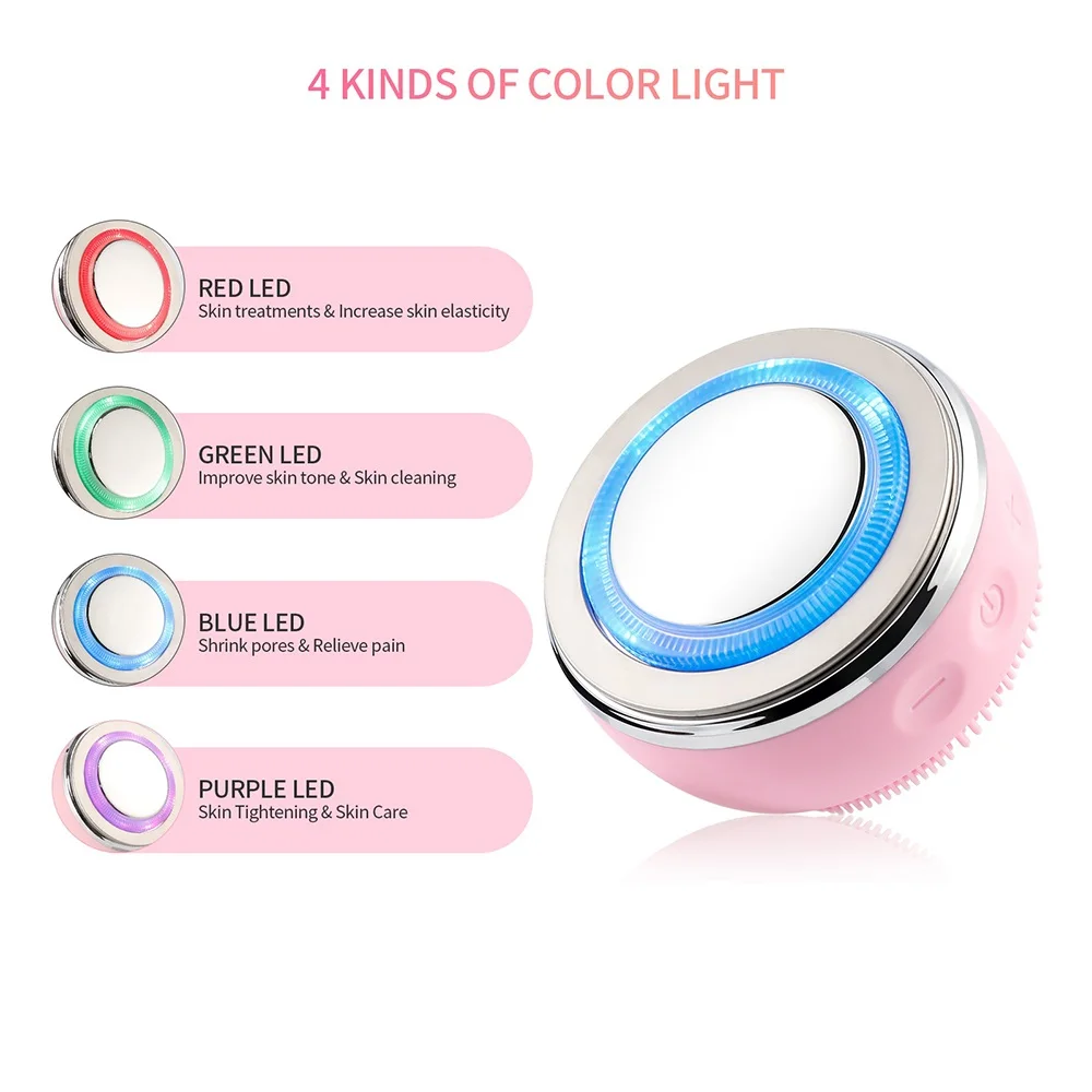4 LED Color Light Skin Care EMS Vibration Exfoliate Sonic Silicone Facial Cleansing Brush
