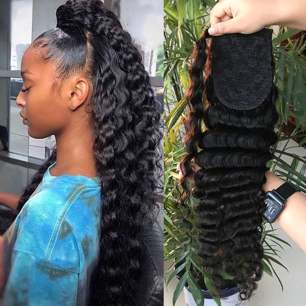 hot selling grade 10a brazilian human hair wrap ponytail hairpiece,cuticle aligned virgin wrap deep wave ponytail