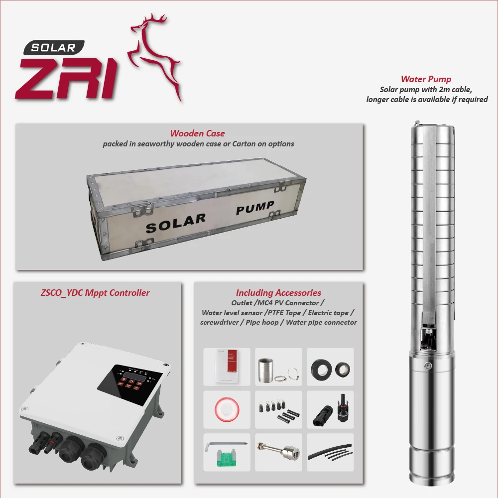 ZRI 3 Inch Solar Powered Water Pump, 1HP Stainless Steel Impeller Solar Submersible Water Pump, Solar Pump for Deep Well
