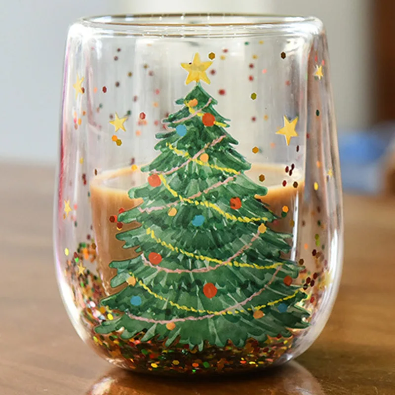 Factory wholesale hand blow new design christmas holiday double wall cup Printing Heat-resistant Flowing Sequins scented candles