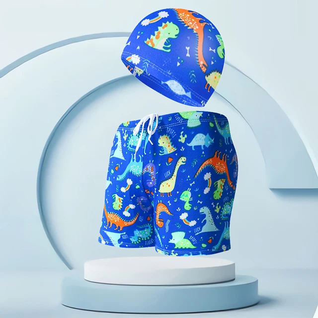 Stylish Flat Corner Beach vacation Hot Spring Summer Kids swim shorts Swim cap Boys cartoon printed swim shorts set