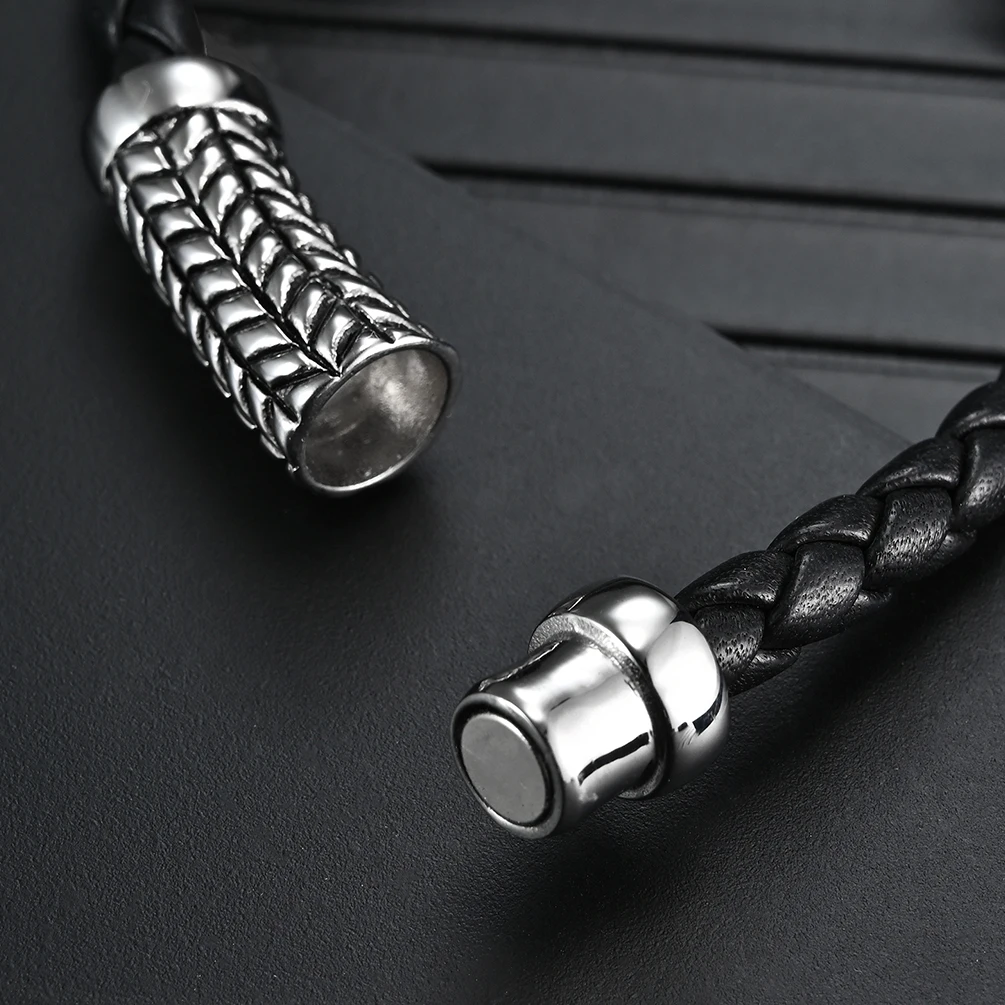 Retro Stainless Steel Twisted Wire Black Handmade Braided Leather Bracelets Jewelry Men Bracelet