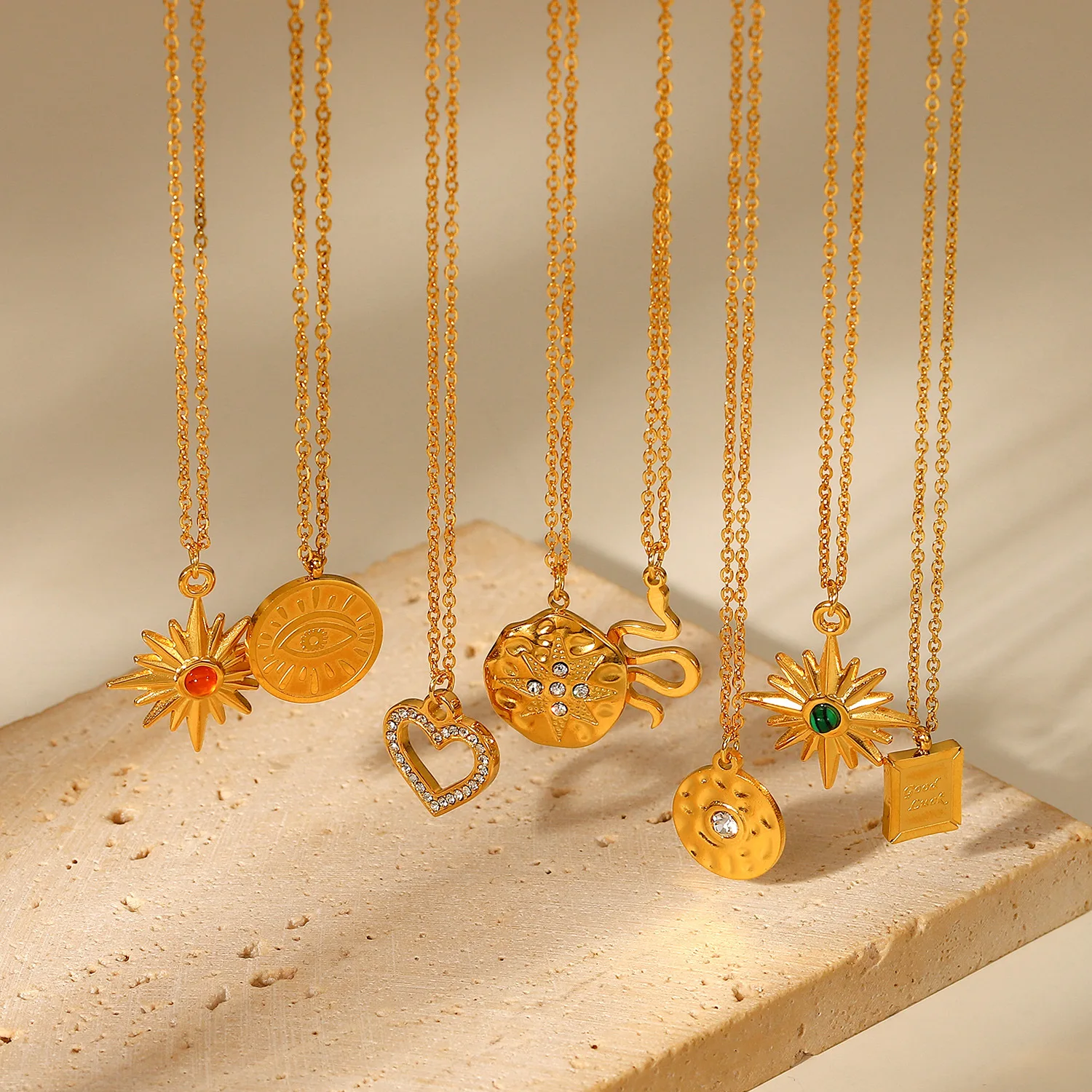 Newest 18K Gold Plated Stainless Steel Jewelry Zircon Various Coin Disc Eye Heart Snake Eight Star Good Luck Pendant Necklaces