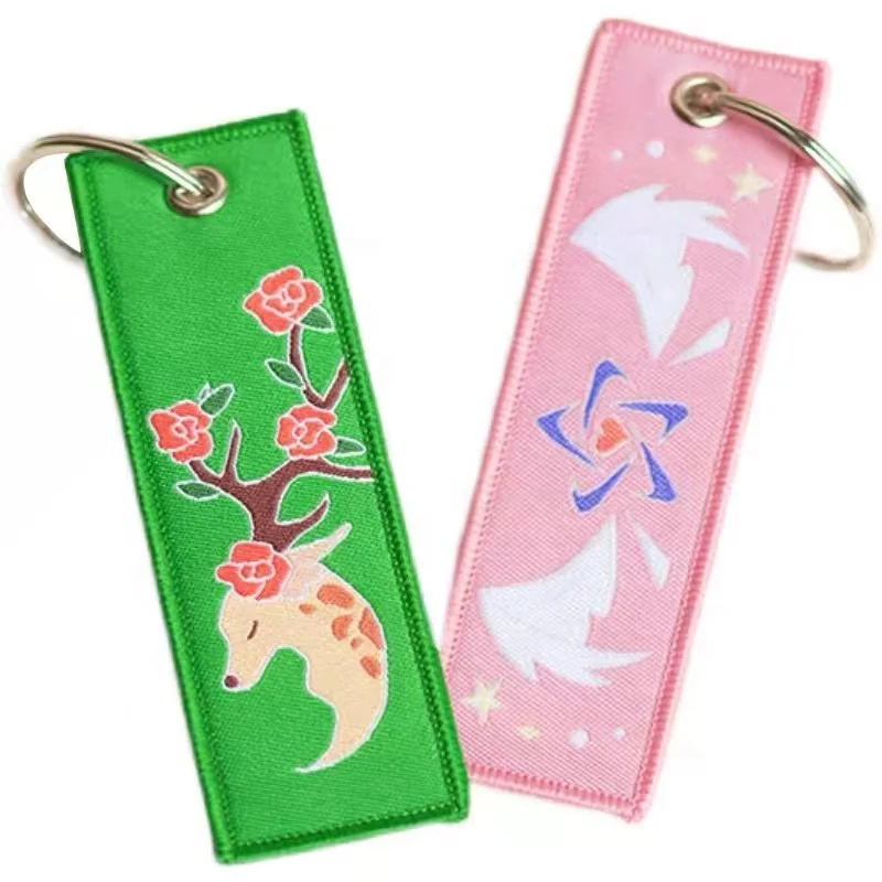 ZD Custom Promotional Crew Woven Fabric Anime Characters Key chain Embroidery Key chain flight Tag
