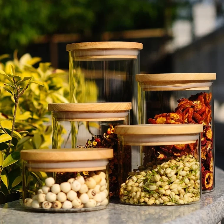 Cylinder Cereal Container with Sealing Airtight Canisters for Bulk Measurement markings Glass Cookies Jar with Bamboo Lid