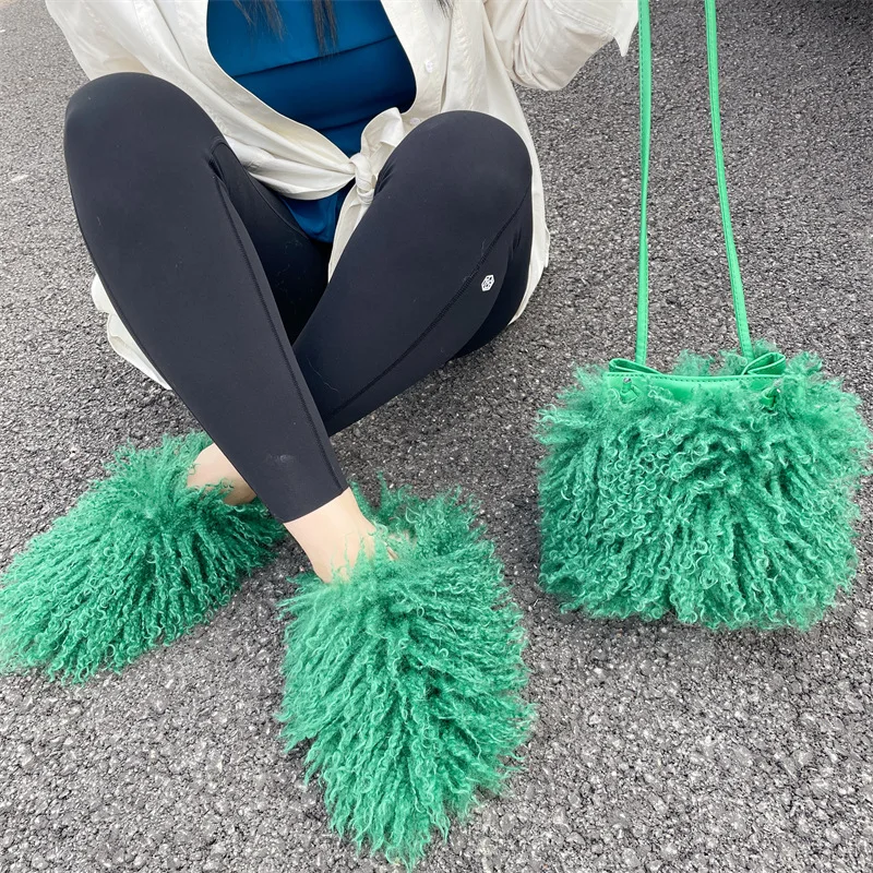 Fashion Fall Winter  Fur bag Slides slippers set Purse And Handbag Women Outdoor Fluffy  Mongolian Fur bag