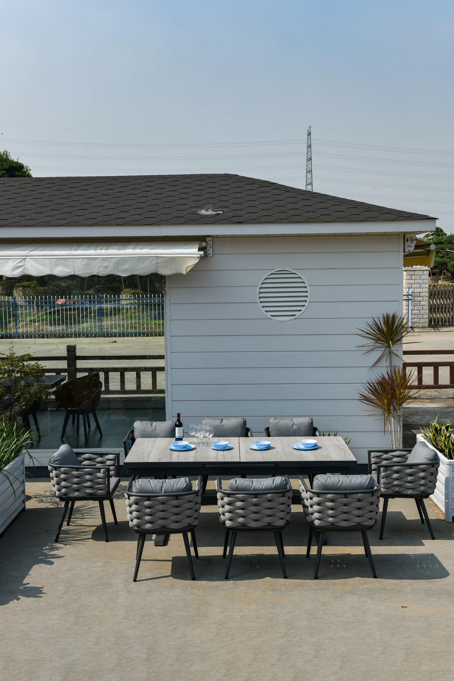 Выдвижной расширяющийся на 203-163 см 8 человек керамический верх алюминиевая рама садовый обеденный стол веревка ротанговый стул набор уличной мебели