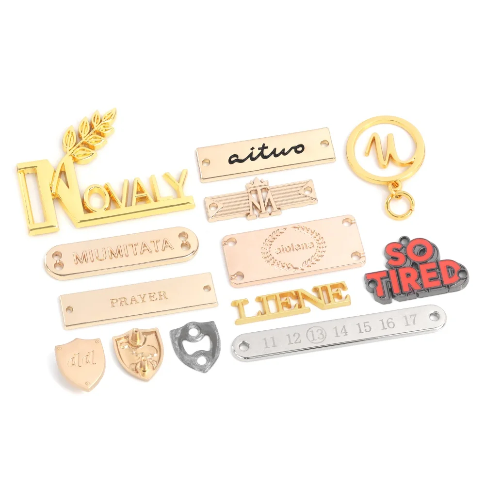 Clothing bag Shoe embossed gold letter name custom brand abaya logo plate label metal tag for clothes clothing bags handbags