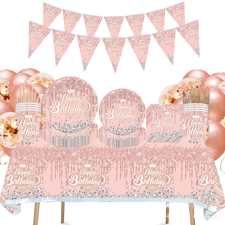 Birthday Tableware Set for Pink Rose Gold Birthday Dessert Plates Napkins Disposable Party Favors