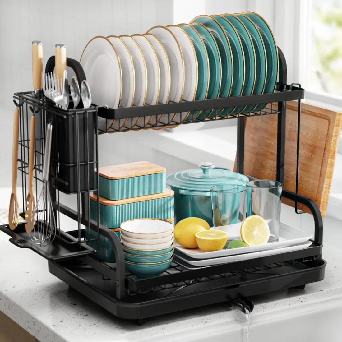 2 Layer Large Capacity Rustproof Space-Saving Multipurpose Dish Drying Rack for Countertop Kitchen Counter with Utensil Holder
