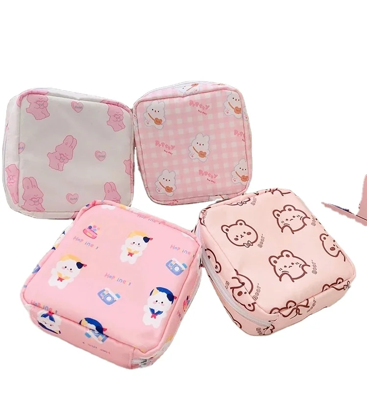 Travel Kawaii Cosmetic Storage Bag For Girls Cute Bear Rabbit Tampon Sanitary Pad Pouch Mini Makeup Earphone Coin Sundries Bags