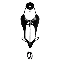 Bodysuit Erotic Bdsm sex Lingerie Oversized Black Patent Leather Catsuit Latex Tempting Exciting Sleepwear Handcuffs Crazy Night