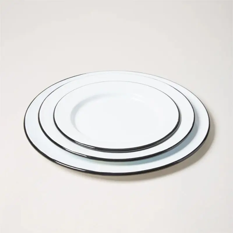 Novelty item classic food grade kitchenware custom colored dinnerware enamel charger dining plates sets wholesale