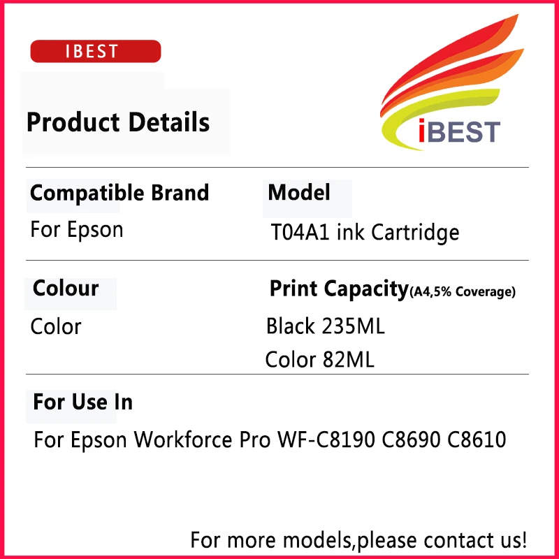 Совместимость для Epson T04A1 T04A2 T04A3 T04A4 чернильных картриджей рабочей силы Pro WF-C8190 C8690 C8610 струйный картридж