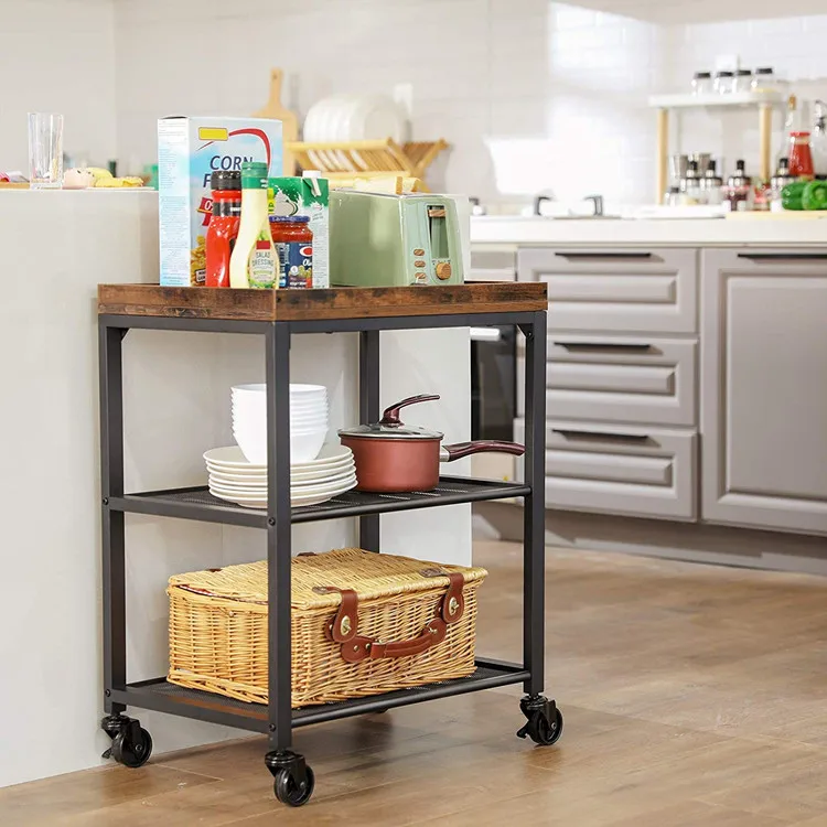 3-tier metal rolling utility cart with handle wheels folding trolley cart for home kitchen black