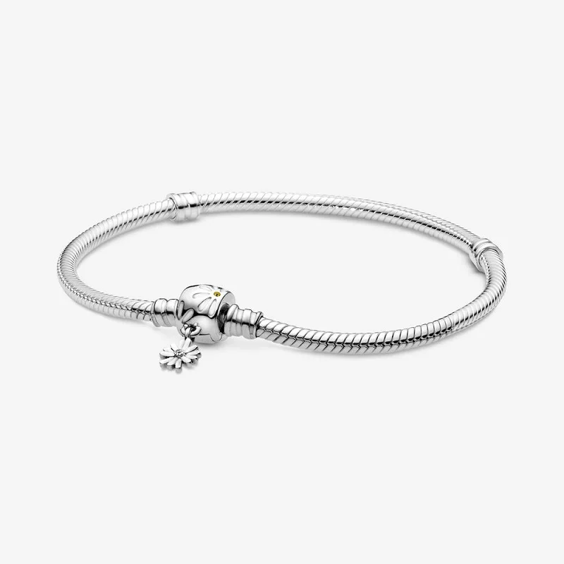 White Enamel Daisy Flower Barrel Clasp With Yellow Crystals and CZ Dangling Flower S925 Sterling Silver Snake Chain Bracelet
