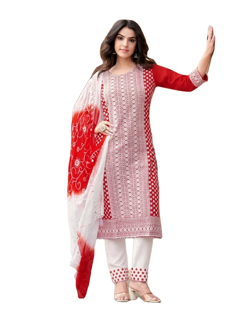 Heavy kurti Indian Style Dress for Wedding Red Reyon Embroidery kurti with dupatta set