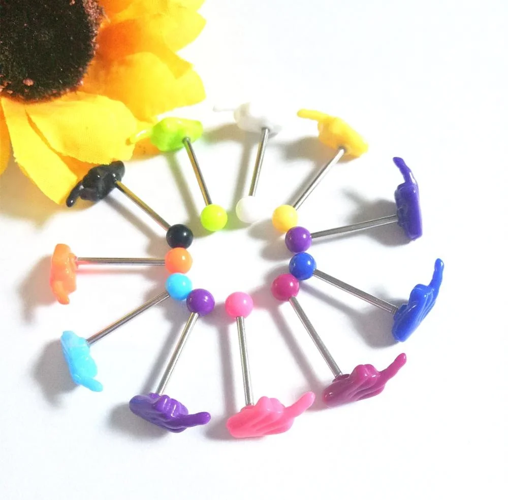 Cheaper Mix Style 1.6X16X5/7mm Neno Candy Color Solid Acrylic Finger Tongue Ring Barbell wholesale piercing jewelry