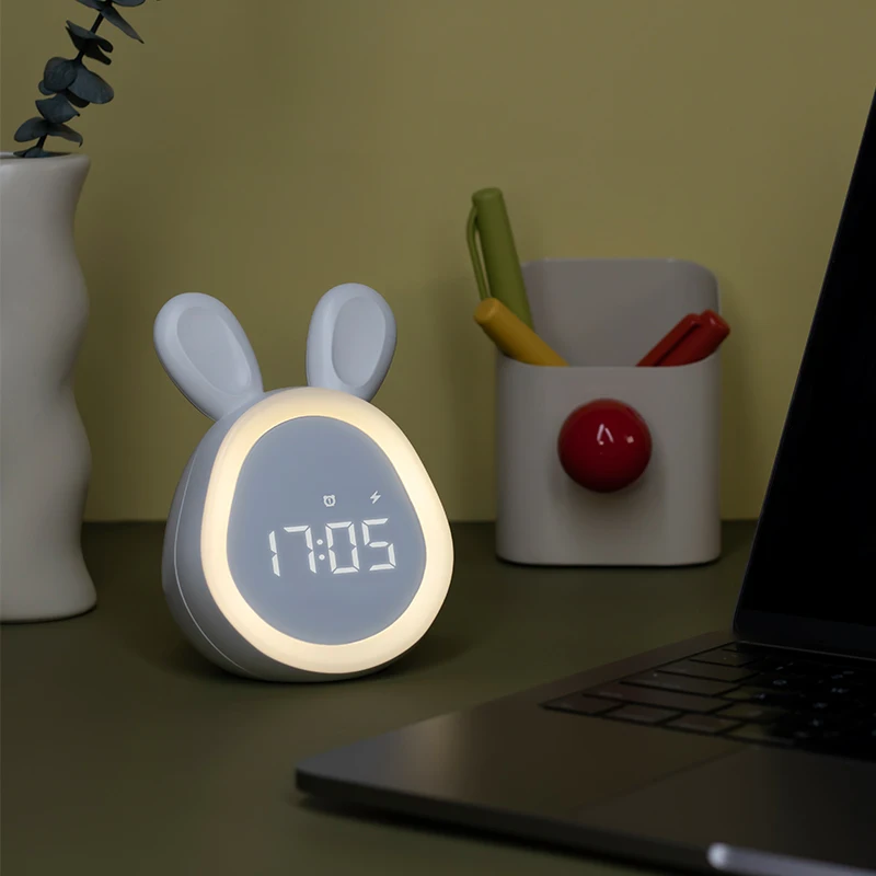 Lovely Round Rabbit Alarm Clock With Light Children Student Cartoon Electronic Digital Clock LED