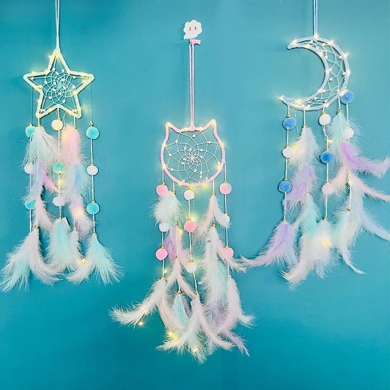 Handcrafted colorful feather lucky turquoise pendant beaded fairy lamp moonlit dream catcher