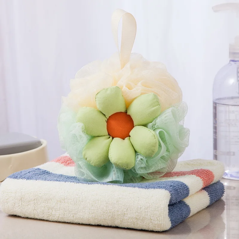 Private Logo Cute Lovely Dual Color Luffa Loofa Loufa Mesh PE Shower Ball Flower Shaped Exfoliating Bath Sponge Body Scrubber