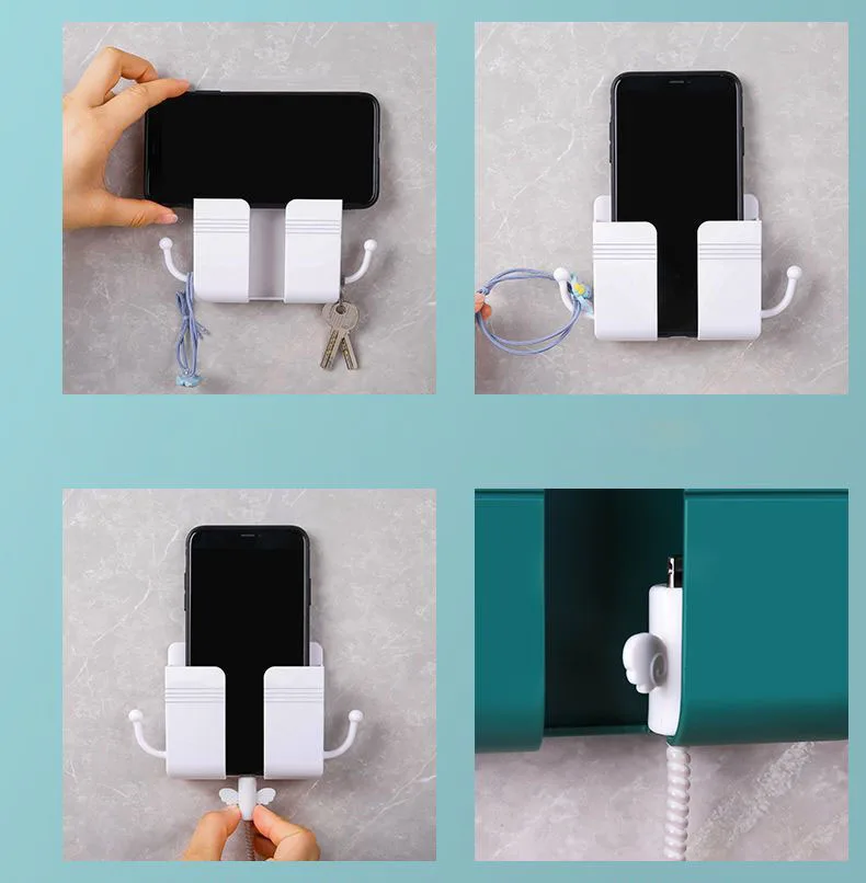 DS4081 Wall Mounted Mobile Phone Holder with Self Adhesive for Bathroom Bedroom Kitchen Charger Stand Remote Control Storage Box