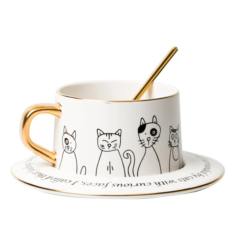High Quality Wholesaler European Gold Rimmed Cute Cats Porcelain Espresso Cup And Saucer,Luxury Porcelain Coffee Cup/