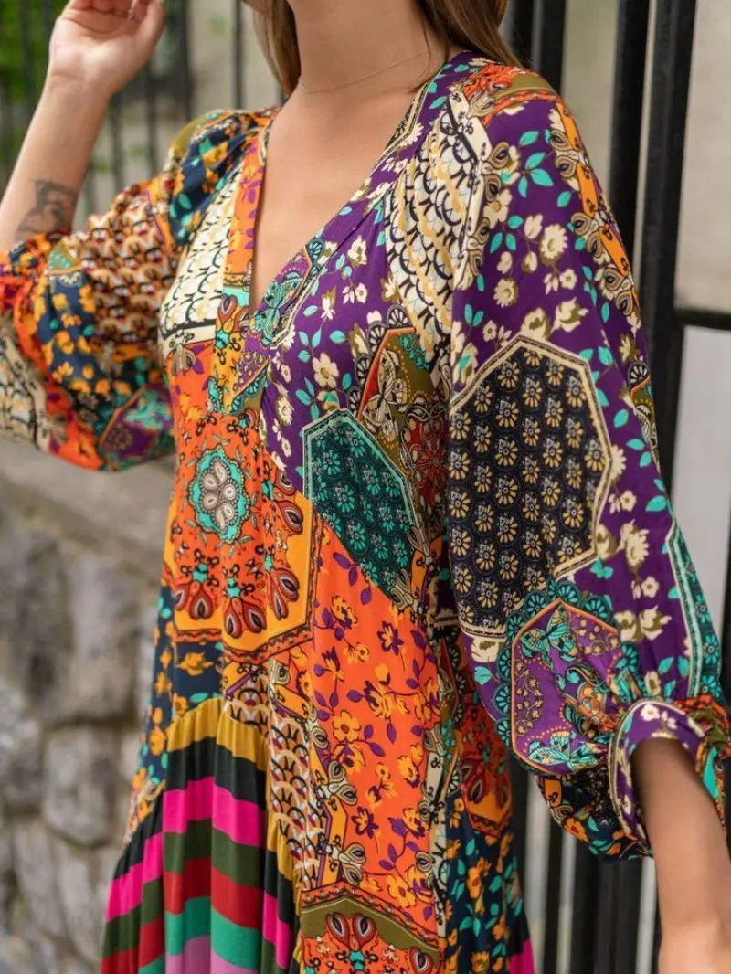 Charming Long Dress Comfortable Retro Ethnic Print Large Hem Beach Long Dress Anti-fade Female Clothes African Maxi Casual Dress