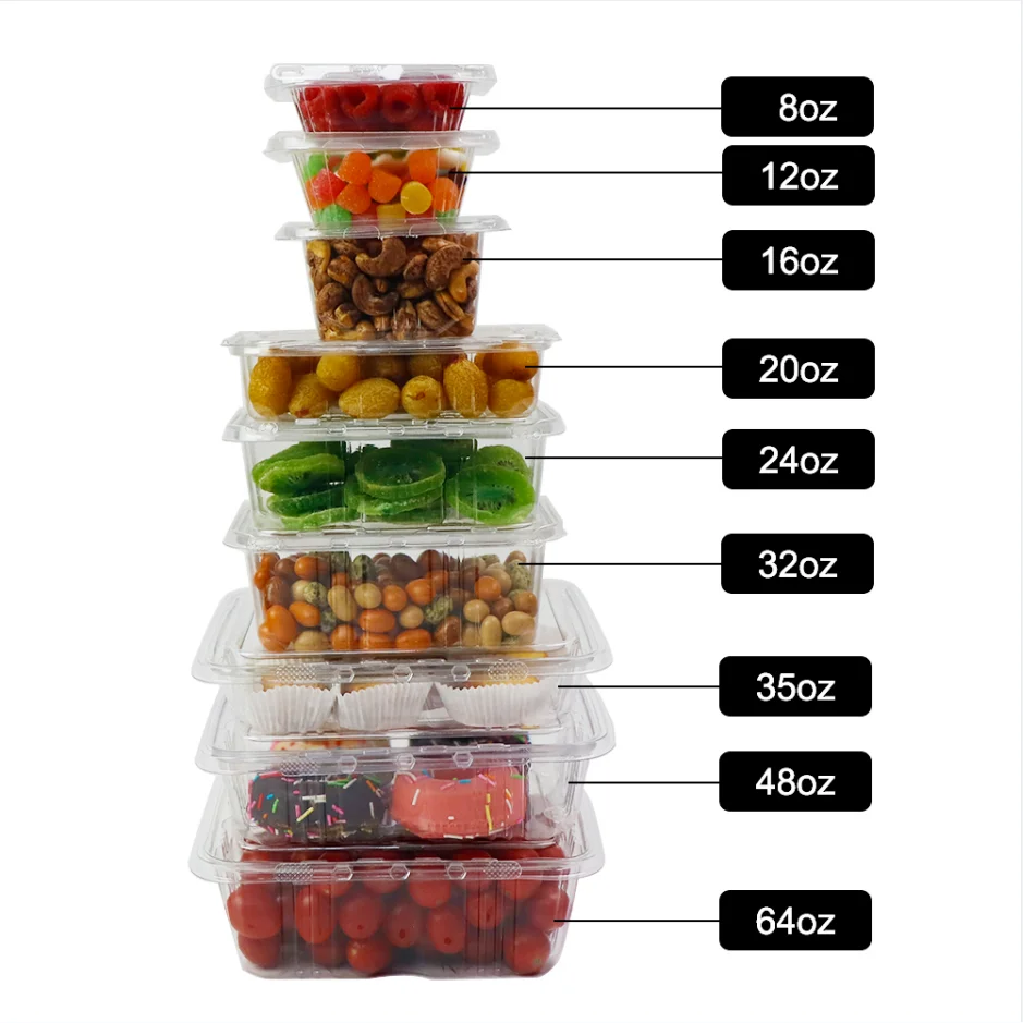 8 12 16 20 24 32 35 48 64Oz RPET/PET Food Fruit Container Plastic Hinged Clamshell Food Container Tamper Evident Food Containers