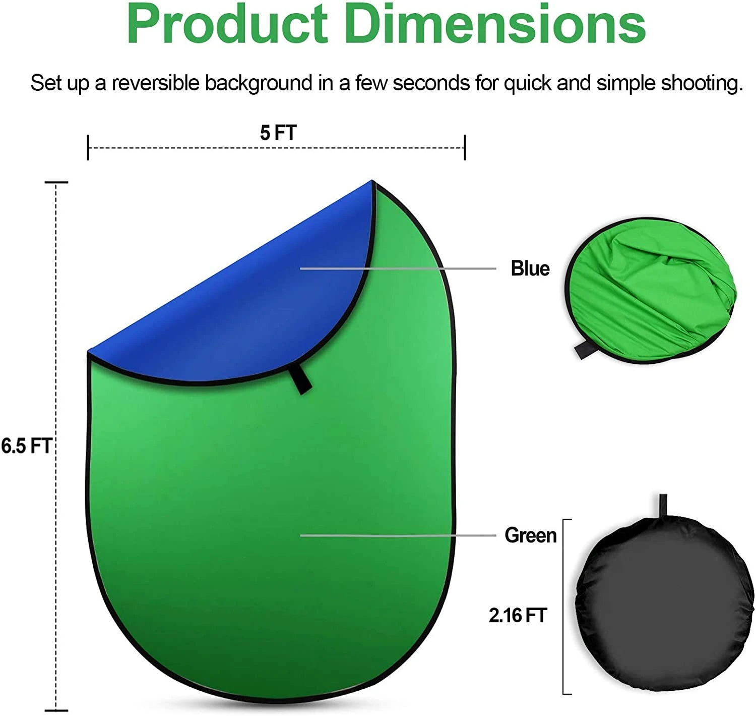 Portable Green Blue Grey Screen Backdrop 5 x 6.5ft Collapsible Pop Up Chromakey Background for Chair Zoom Virtual Camera Travel