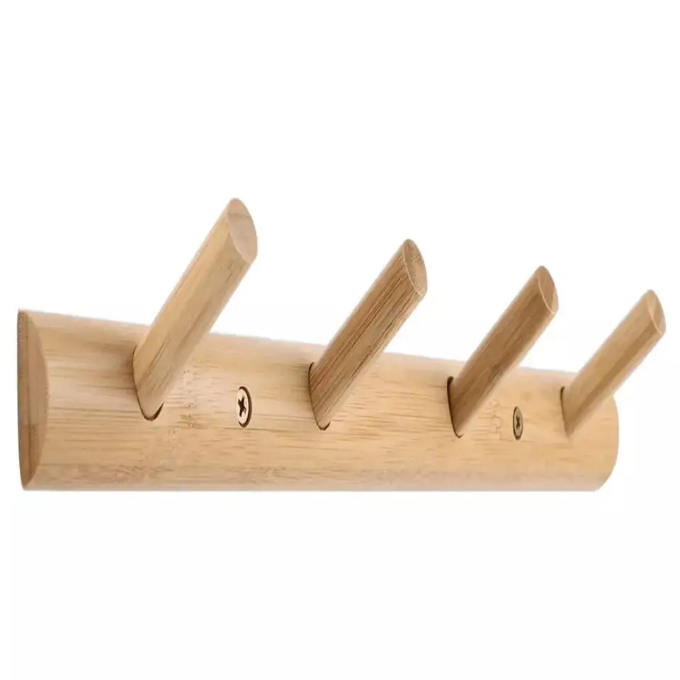 Bamboo wooden wall mounted coat rack with 4 bamboo wall hooks, suitable for bathroom, kitchen and bedroom