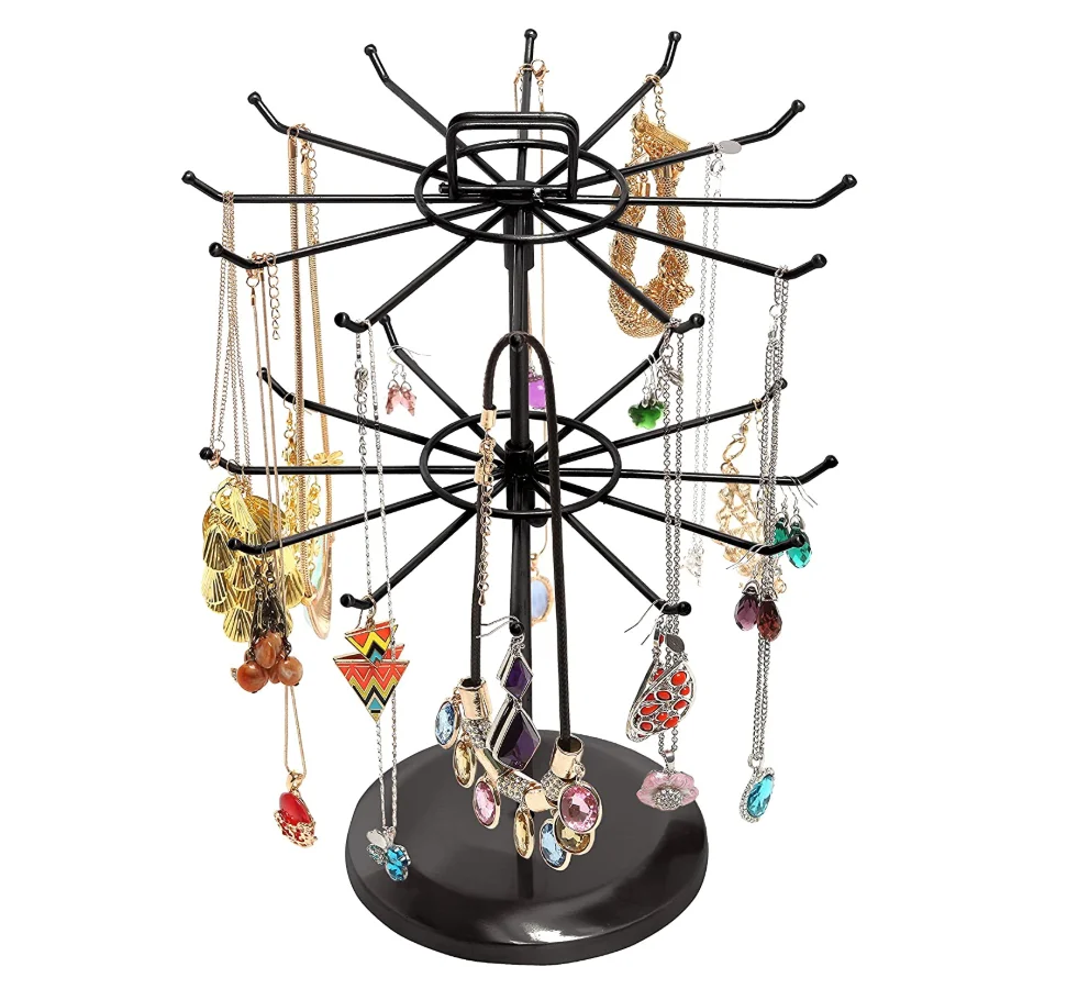 Black Metal Jewelry Organizer Tower Necklace Tree Bracelet Display Stand w/Hairclip Holder
