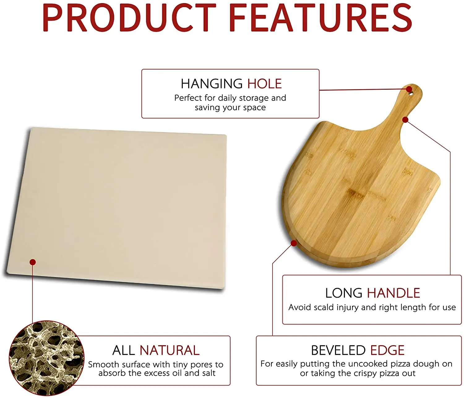 Grill Set of 2 Pizza Tool, Baking Stone for Oven, Gril and BBQ Pizza Stone Bamboo Wood Pizza Peel